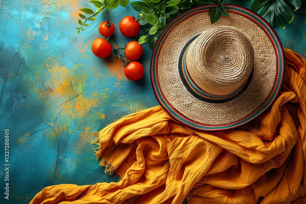 Vibrant Sombrero with Scarf and Palm Leaves