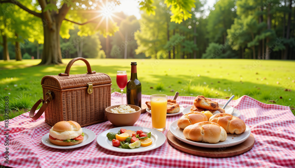 Vibrant summer picnic setup with delicious food in sunny park, joyful gathering Vibrant summer picnic setup with delicious food in sunny park, joyful gathering