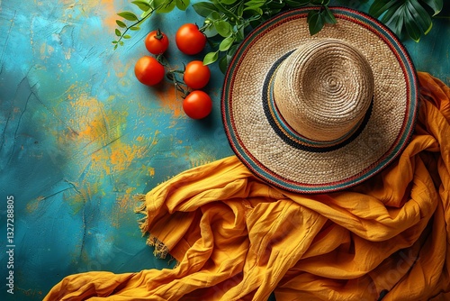 Obraz na płótnie Vibrant Sombrero with Scarf and Palm Leaves w salonie