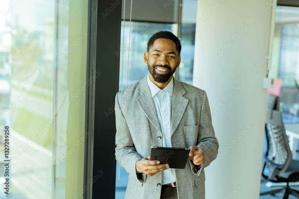 Fototapeta premium Professional man contemplating future while holding tablet in modern office setting