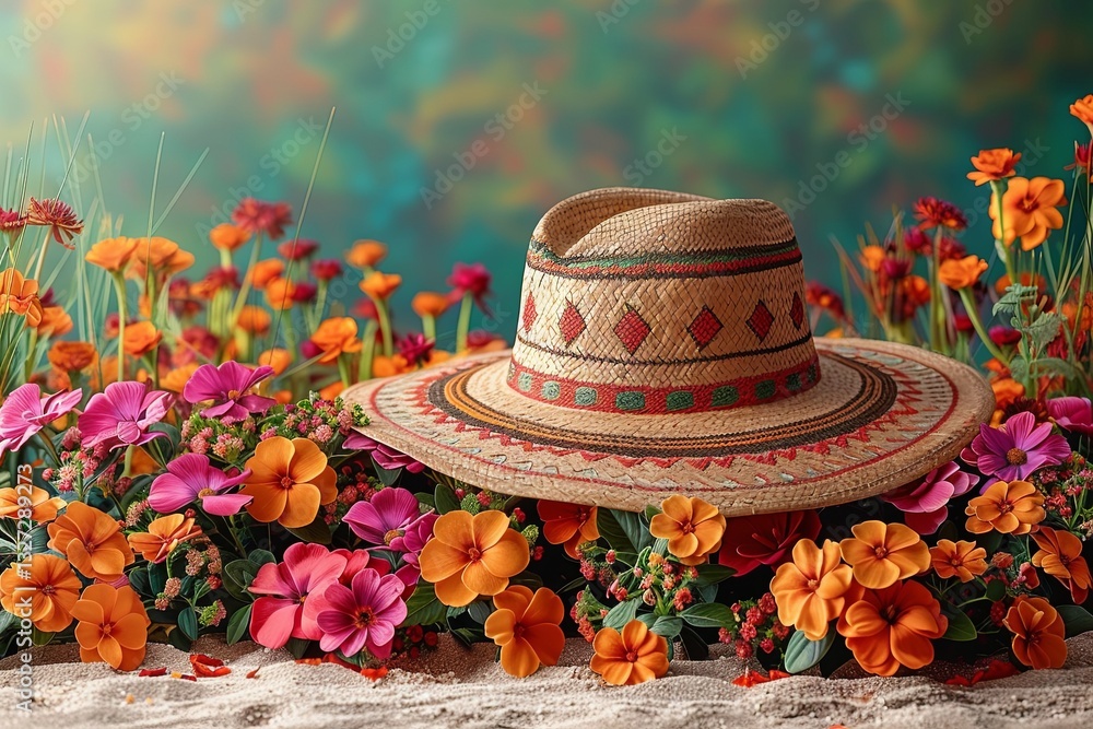 Straw Hat Amid Colorful Summer Flowers