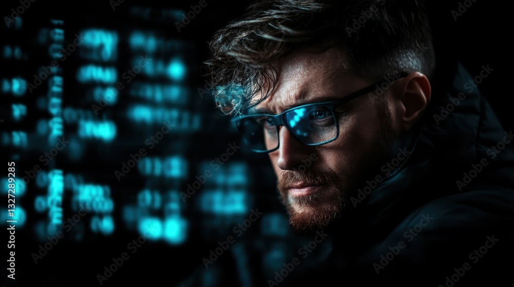 A focused man with glasses stares intently at a blurred digital background filled with data, symbolizing concentration, technology, and the pursuit of knowledge in the modern age. A focused man with glasses stares intently at a blurred digital background filled with data, symbolizing concentration, technology, and the pursuit of knowledge in the modern age.