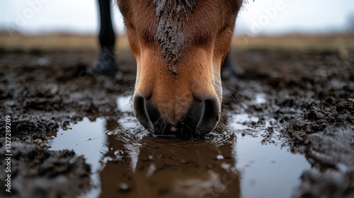 A majestic horse leans down to drink from a muddy puddle, emphasizing the bond between animal and nature while capturing the rustic charm of the landscape.