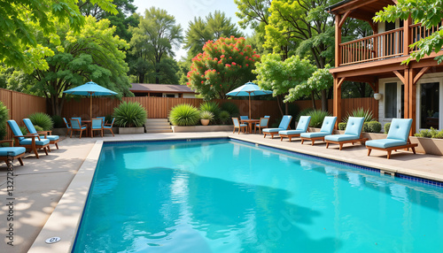 Wallpaper Mural Inviting swimming pool area with lounge chairs and lush gardens, relaxation Torontodigital.ca