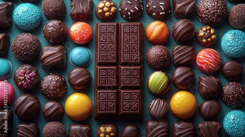 Assorted Gourmet Chocolate Candies and a Dark Chocolate Bar Arranged on Teal Background, Luxurious Sweet Treats, Delicious Confectionery, High-Resolution Food Photography