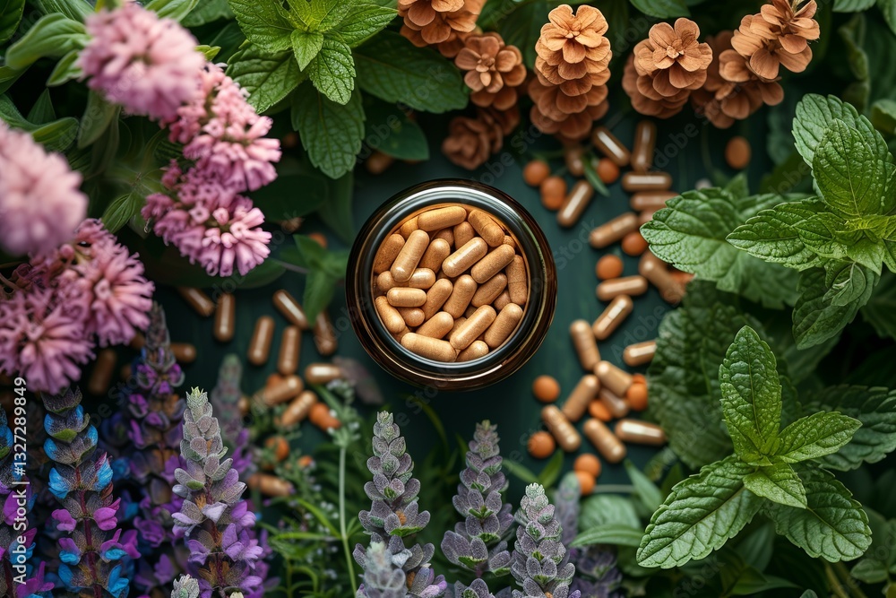 Herbal Capsules in a Jar with Pink Flowers and Fresh Leaves