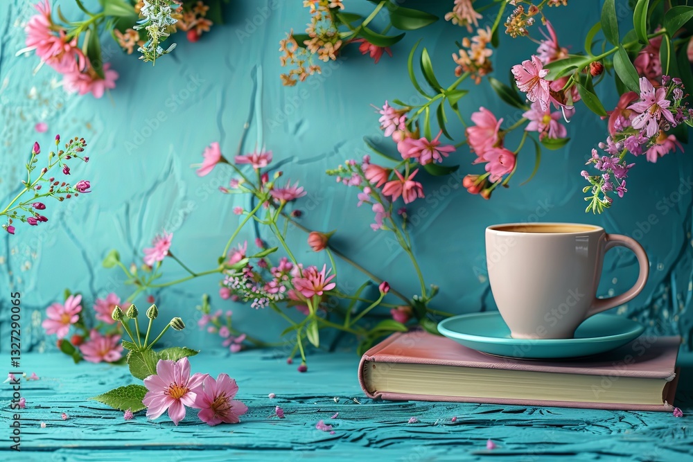 Coffee cup surrounded by daisies on a pastel blue wooden surface
