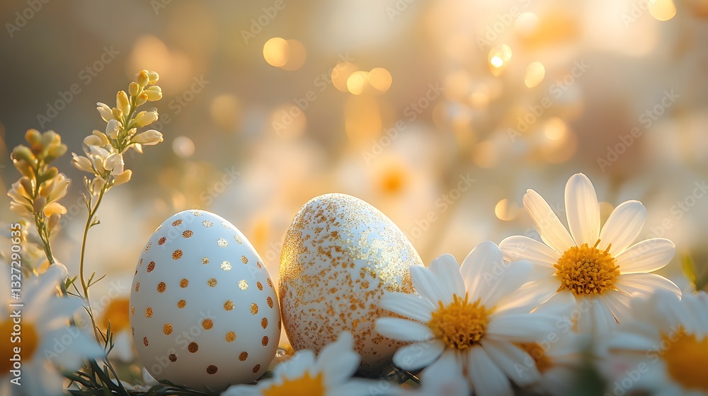 A Serene Easter Ambiance with White and Gold Eggs Surrounded by Vibrant Flowers and Soft Lighting A Serene Easter Ambiance with White and Gold Eggs Surrounded by Vibrant Flowers and Soft Lighting