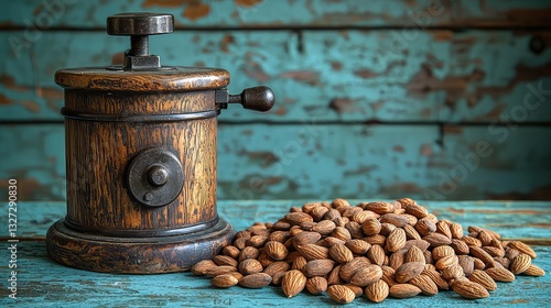 Vintage Wooden Almond Grinder with Pile of Raw Almonds on Rustic Blue Tabletop Background