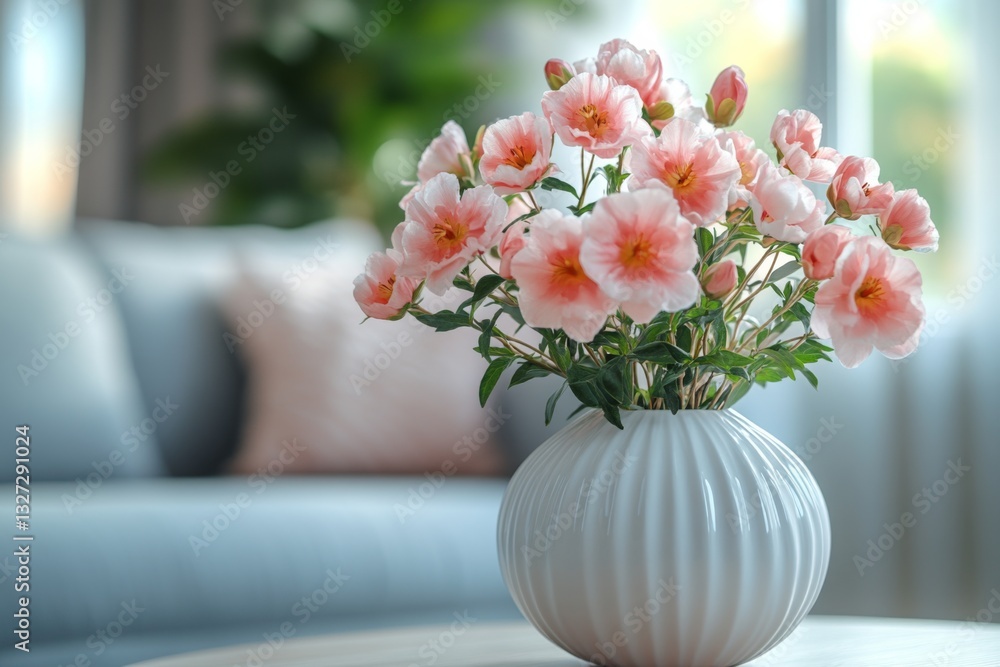 Vase of pink flowers on table in living room