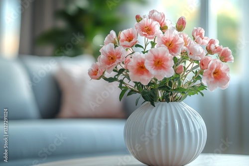 Obraz na płótnie Vase of pink flowers on table in living room w salonie