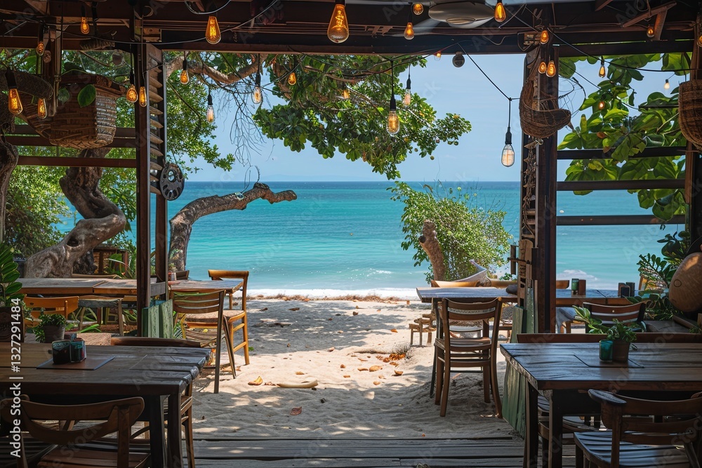 Beachfront restaurant with tables and chairs outside