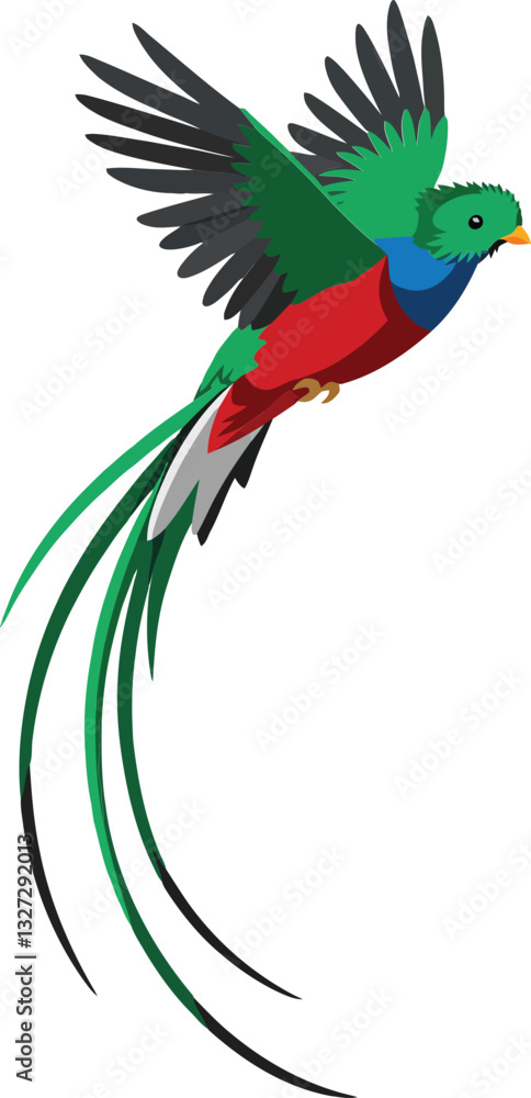 Colorful quetzal bird in vibrant flat design soaring gracefully against a clean background showcasing elegance and beauty vector art