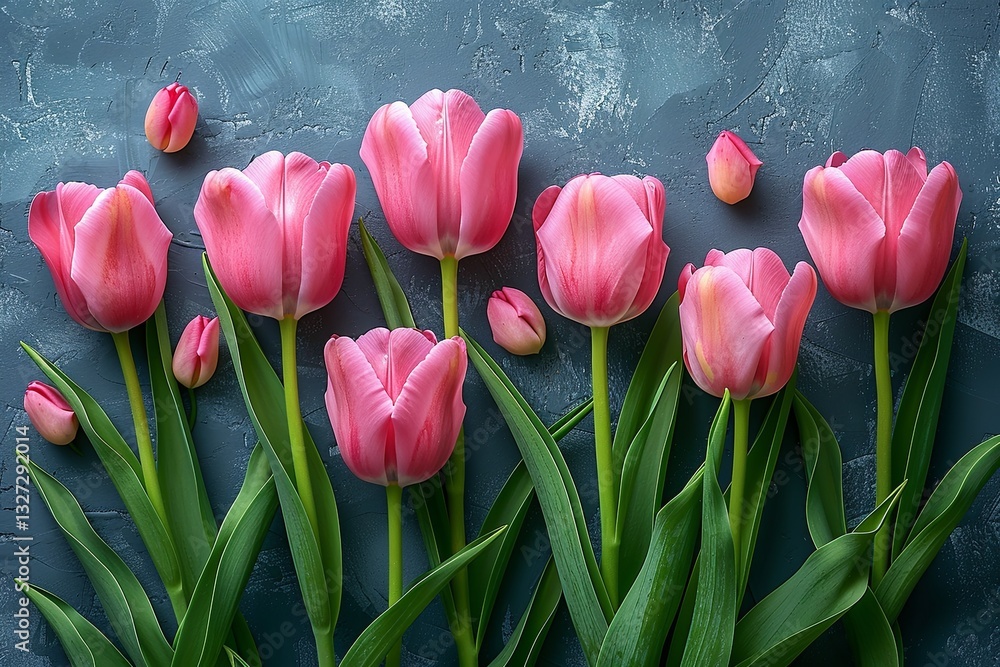 Row of pink tulips are arranged on grey background