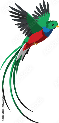 Obraz na płótnie Colorful quetzal bird in vibrant flat design soaring gracefully against a clean background showcasing elegance and beauty vector art w salonie