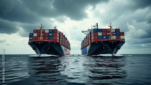 Two cargo ships carrying goods from the usa and european union face off, separated by tariffs, symbolizing trade war