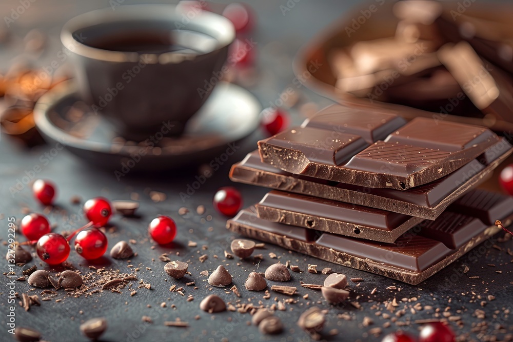 Stack of chocolate bars on table next to cup of coffee. Concept of indulgence and relaxation