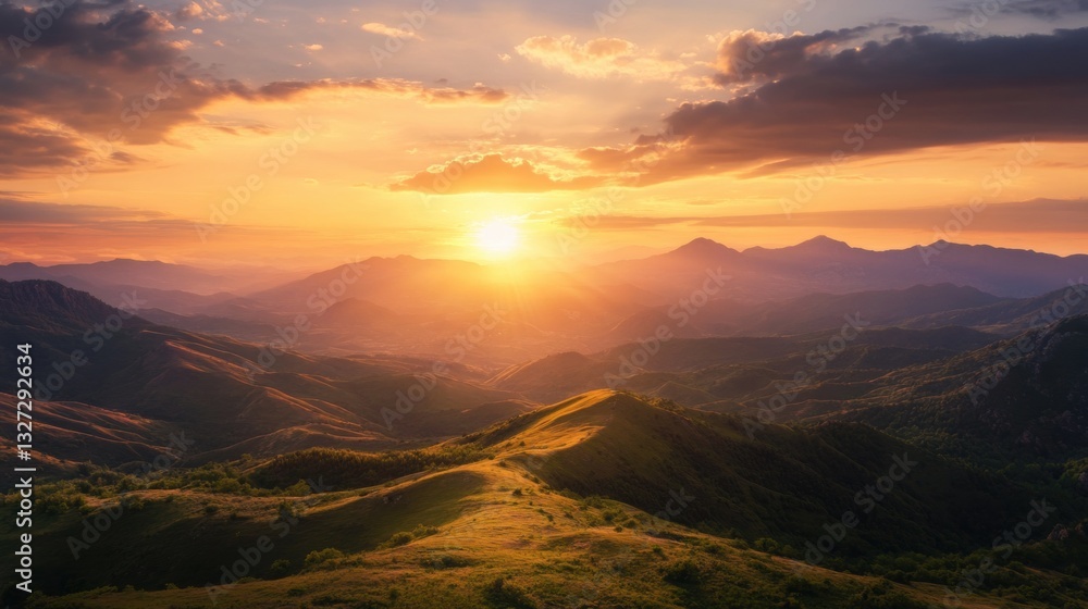 Obraz premium Breathtaking sunset over rolling mountains.