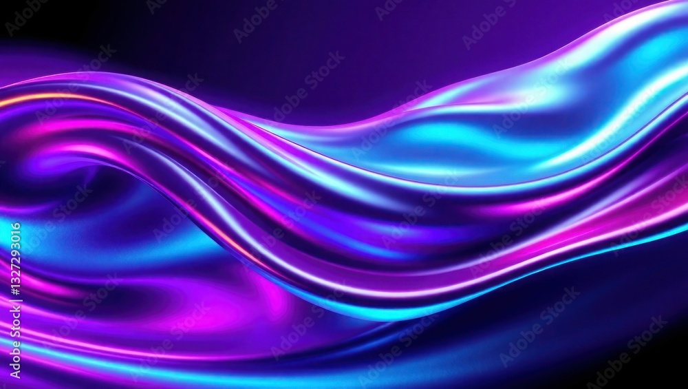 Naklejka premium Abstract fluid holographic iridescent purple curved wave in dark background 3d render. Gradient design element for backgrounds, wallpapers, posters and covers