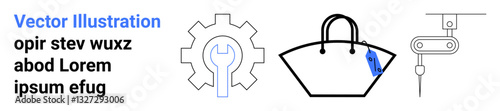 Gear with wrench, handbag with tag, robotic arm portraying synergy of innovation, machinery, fashion, e-commerce. Ideal for industry, technology, design automation retail repair flat landing page