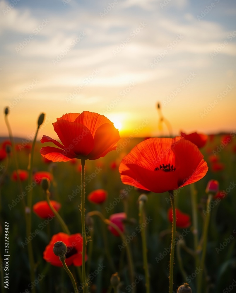 Obraz premium Vibrant Red Poppies Against a Golden Sunset in a Serene Field