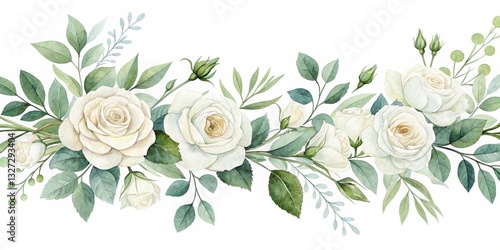 Watercolor Floral Border White Roses with Green Leaves, Flowers, Wedding , Invitation