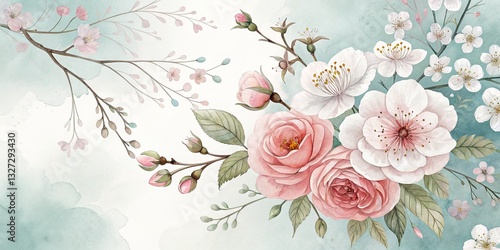 Watercolor Floral Arrangement Pink Roses and Cherry Blossoms, spring, floral art