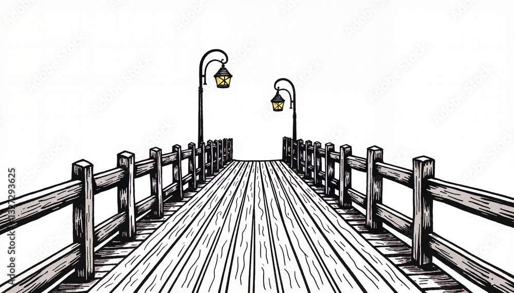 Obraz premium Rustic wooden pier with lanterns, vintage monochrome illustration