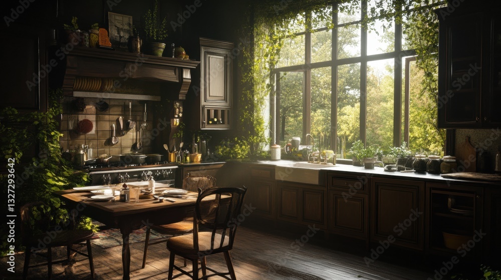 Fototapeta premium Cozy kitchen with abundant natural light.