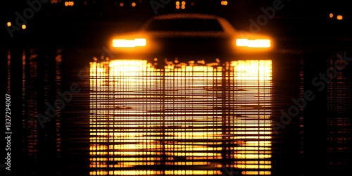 Automobile's Nighttime Radiance Reflected in Murky Waterscape with City Lights photo