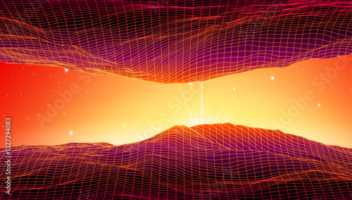 Retro low poly grid landscape with polygonal mountain, palm trees silhouettes and sun, vector illustration. 80s style synthwave landscape with neon grid mountains, palm trees silhouettes and sun.