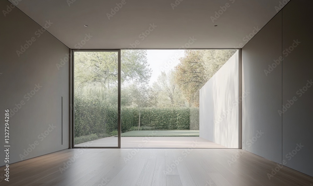 Fototapeta premium Modern minimalist home interior with patio view