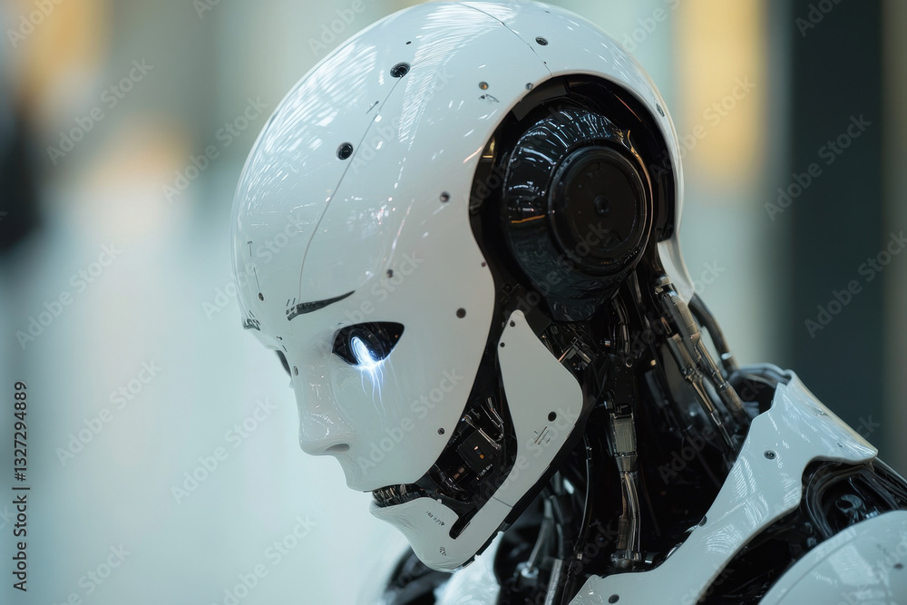Futuristic Humanoid Robot Close-Up: Advanced Artificial Intelligence in Modern Robotics Engineering Futuristic Humanoid Robot Close-Up: Advanced Artificial Intelligence in Modern Robotics Engineering