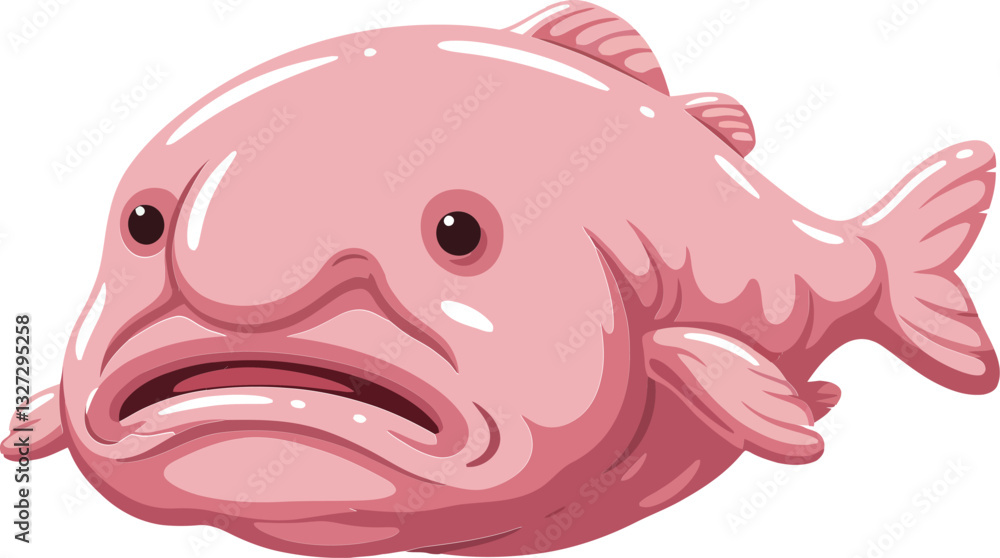 Cute pink fish with a sad expression in a flat design style, showcasing cartoonish features and whimsical charm, perfect for vector art Cute pink fish with a sad expression in a flat design style, showcasing cartoonish features and whimsical charm, perfect for vector art