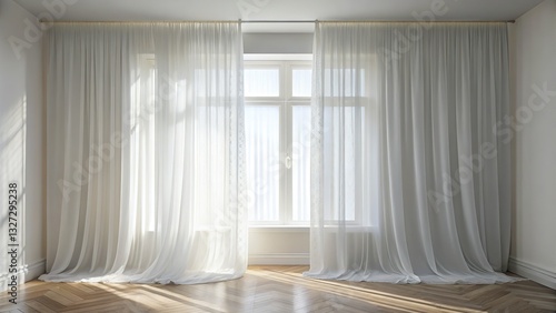 A minimalist bedroom bathed in ethereal light, draped in sheer white curtains.