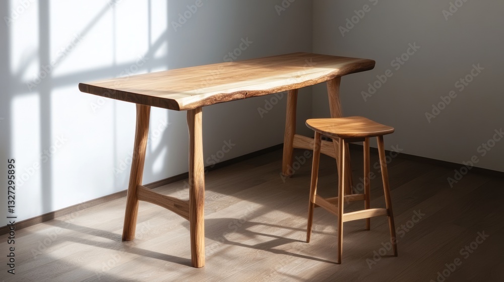 Fototapeta premium Minimalist wooden table and stool in sunlight.