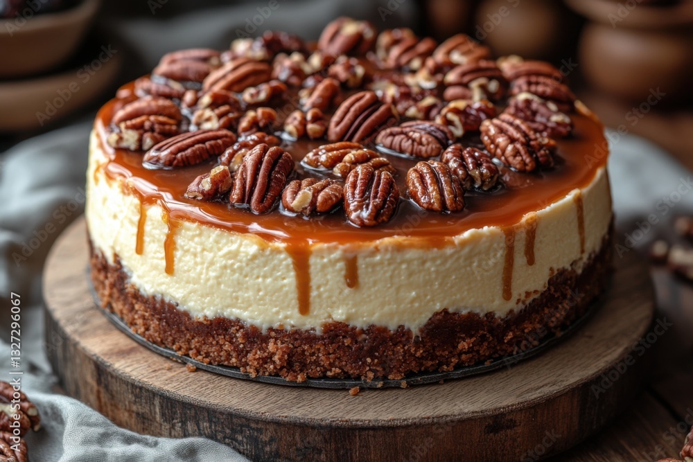 Delicious pecan caramel cheesecake on a wooden stand tempting with its rich toppings and creamy filling Delicious pecan caramel cheesecake on a wooden stand tempting with its rich toppings and creamy filling
