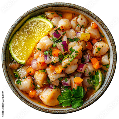 A Bowl of Peruvian Ceviche with Shrimp Stew Isolated on Transparent Background