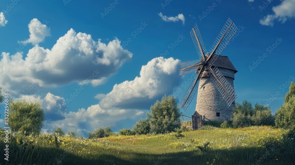 Scenic windmill in a lush green field. Scenic windmill in a lush green field.