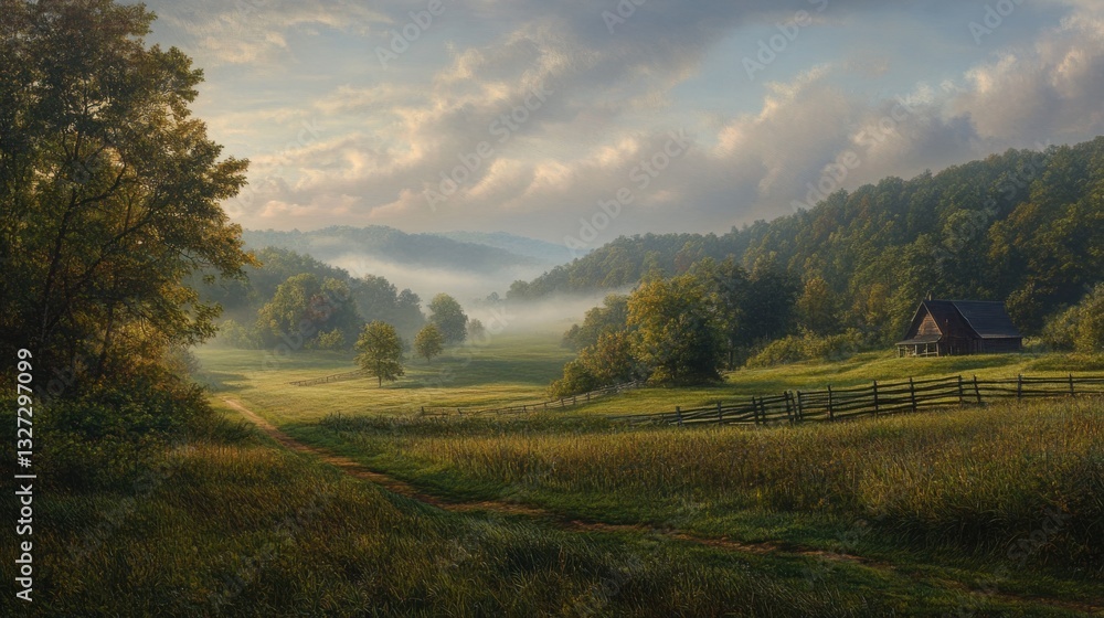 Obraz premium Serene countryside with misty morning landscape.