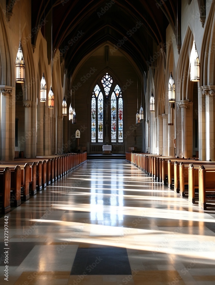 Fototapeta premium Elegant interior of a cathedral showcasing beautiful arches and colorful stained glass windows : Generative AI
