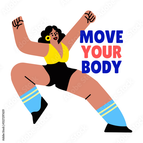 A lady doing aerobic dance with move your body typography, flat sticker
