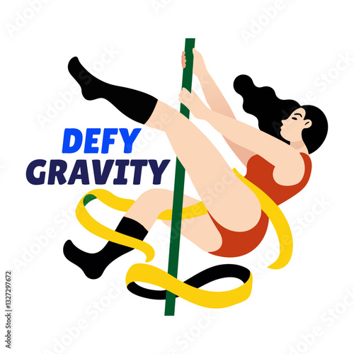 Flat style sticker of a character performing aerial dance with defy gravity typography