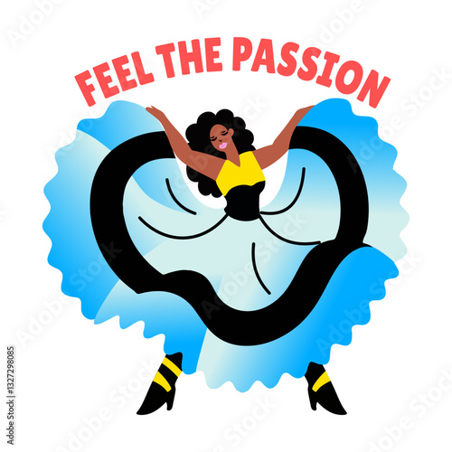 Flat sticker of a girl performing flamenco dance with feel the passion typography