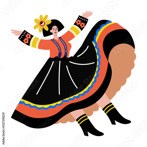 Flat style sticker of a girl performing traditional mexican dance