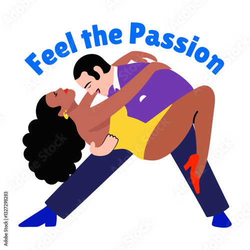 Flat sticker of passionate dancing couple with feel the passion typography