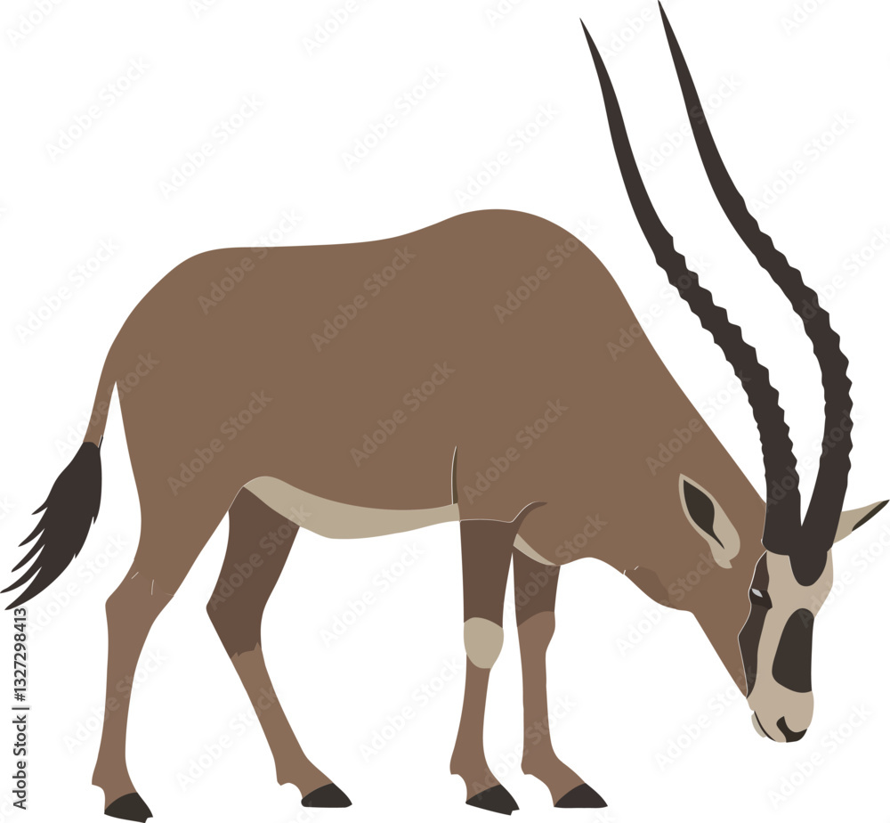 A graceful oryx with long curved horns grazing on grass in a minimalistic flat design vector illustration
