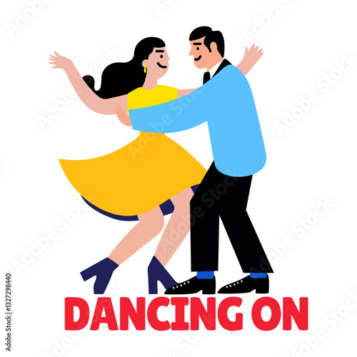 A flat style sticker of a couple performing tango dance with dancing on typography