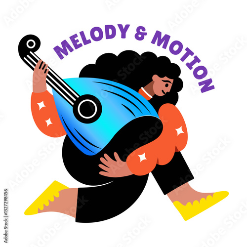Flat sticker of a traditional performer with melody and motion typography