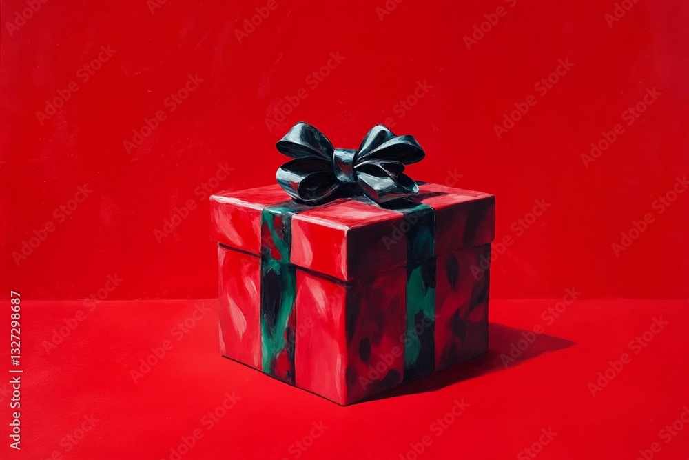 Un regalo envuelto en rojo con un lazo negro, sobre un fondo rojo vibrante, evocando una sensación festiva y misteriosa. Un regalo envuelto en rojo con un lazo negro, sobre un fondo rojo vibrante, evocando una sensación festiva y misteriosa.